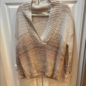 Anthropologie Cozy Knit V-Neck Sweater - Cream and Tan